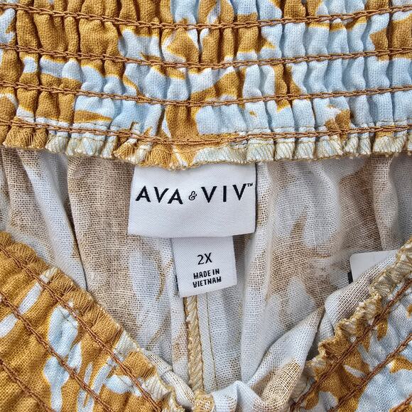 Ava & Viv Yellow White Linen Pull Up Shorts Plus 2X - Picture 5 of 6